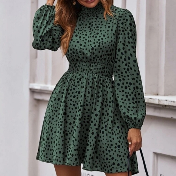 NEW Chic Dot Mock Neck Lantern Long Sleeve Short Dress Green Black - Picture 6 of 8